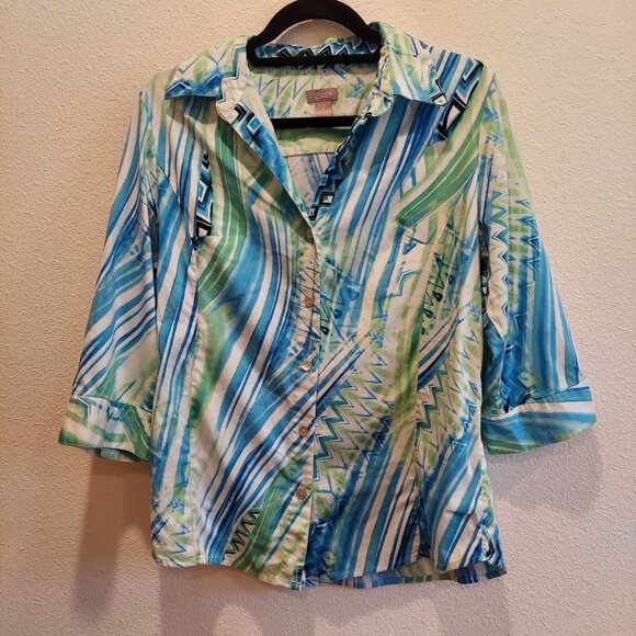Chico's Blouse womens L geometric bright colorful Button boho career casual fun - Picture 8 of 12